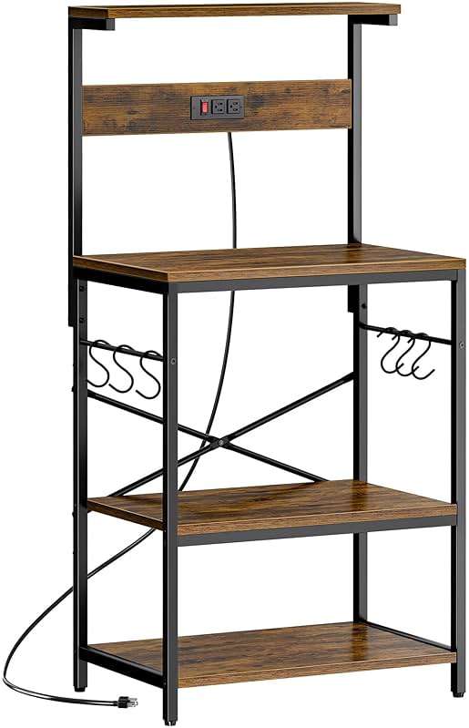 SUPERJARE Kitchen Bakers Rack with Power Outlet, Coffee Bar Table 4 Tiers, Kitchen Microwave Stand with 6 S-shaped Hooks, Storage Shelf Rack for Spices, Pots and Pans - Rustic Brown - Image 1