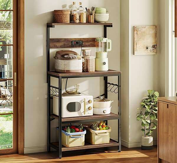 SUPERJARE Kitchen Bakers Rack with Power Outlet, Coffee Bar Table 4 Tiers, Kitchen Microwave Stand with 6 S-shaped Hooks, Storage Shelf Rack for Spices, Pots and Pans - Rustic Brown - Image 2
