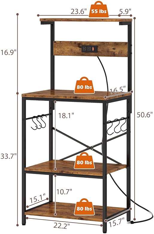 SUPERJARE Kitchen Bakers Rack with Power Outlet, Coffee Bar Table 4 Tiers, Kitchen Microwave Stand with 6 S-shaped Hooks, Storage Shelf Rack for Spices, Pots and Pans - Rustic Brown - Image 3