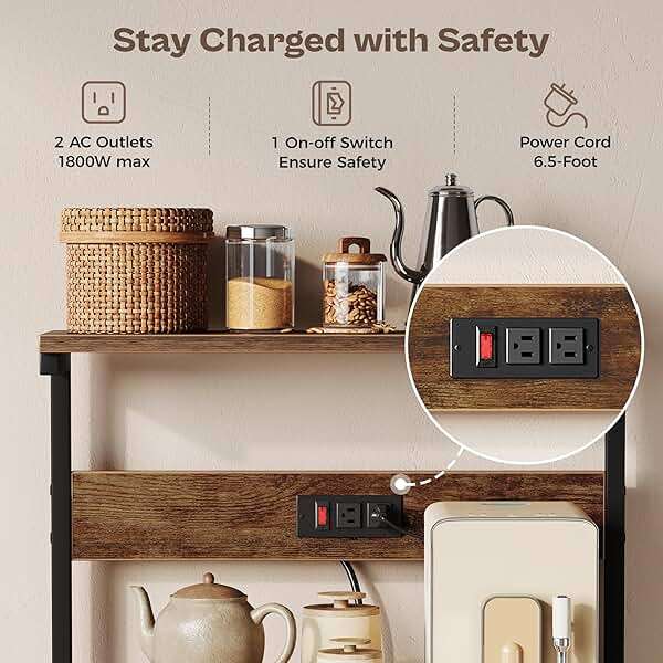 SUPERJARE Kitchen Bakers Rack with Power Outlet, Coffee Bar Table 4 Tiers, Kitchen Microwave Stand with 6 S-shaped Hooks, Storage Shelf Rack for Spices, Pots and Pans - Rustic Brown - Image 5