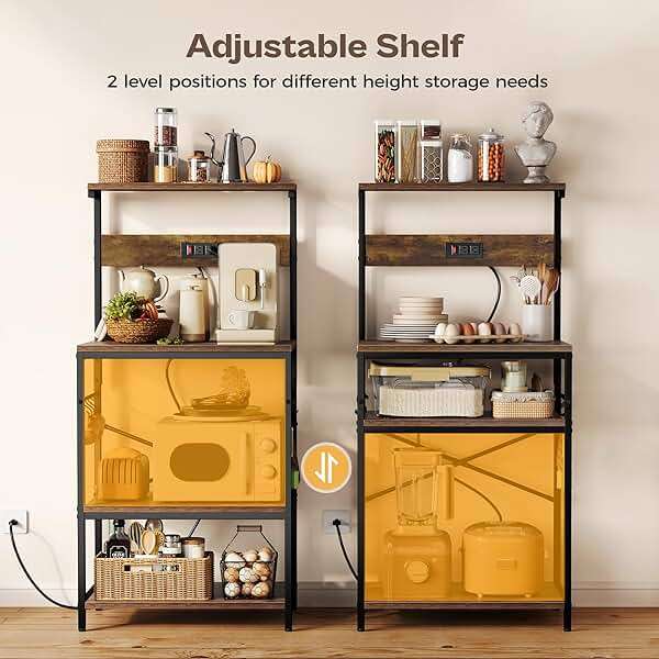 SUPERJARE Kitchen Bakers Rack with Power Outlet, Coffee Bar Table 4 Tiers, Kitchen Microwave Stand with 6 S-shaped Hooks, Storage Shelf Rack for Spices, Pots and Pans - Rustic Brown - Image 6