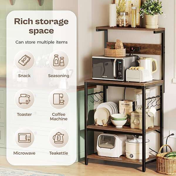 SUPERJARE Kitchen Bakers Rack with Power Outlet, Coffee Bar Table 4 Tiers, Kitchen Microwave Stand with 6 S-shaped Hooks, Storage Shelf Rack for Spices, Pots and Pans - Rustic Brown - Image 7