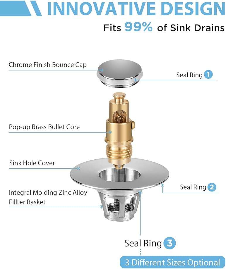 Bathroom Sink Drain Strainer, 2 in 1 Anti-Clogging Sink Stopper with Hair Catcher, Universal Pop-Up Sink Drain Plug Fits 1.1" ~ 1.5" Drain, Solid Brass (Chrome) - Image 5