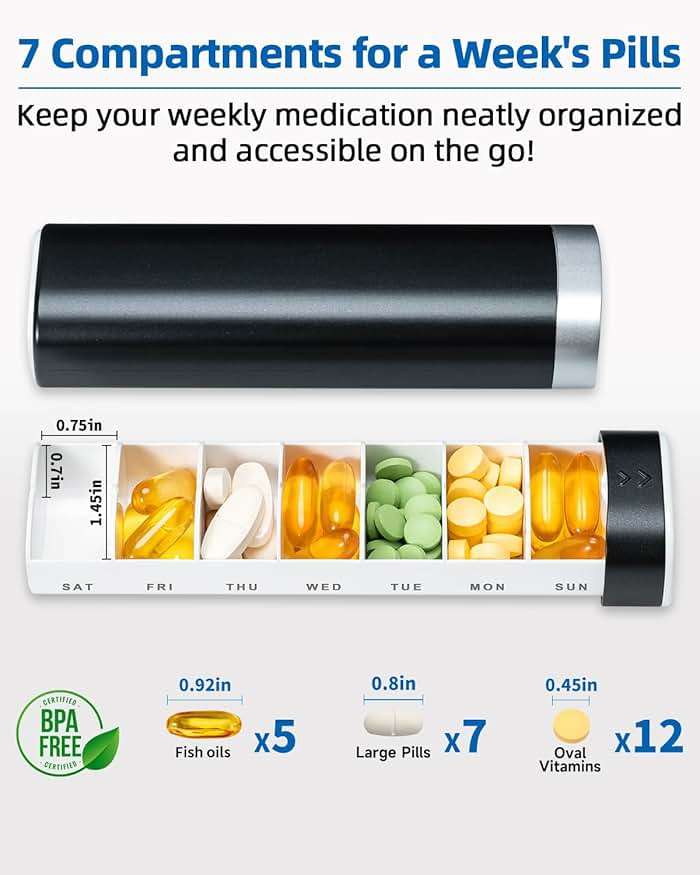 Betife Travel Pill Organizer Weekly 7 Day, Compact Daily Pill Box, Portable Medicine Case, Cute Pill Holder for Vitamins Supplements, Drawer-Shaped Pills Organizer (Black) - Image 2