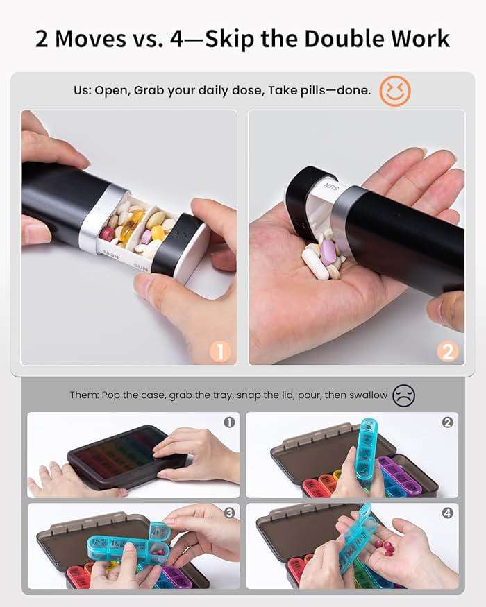 Betife Travel Pill Organizer Weekly 7 Day, Compact Daily Pill Box, Portable Medicine Case, Cute Pill Holder for Vitamins Supplements, Drawer-Shaped Pills Organizer (Black) - Image 4