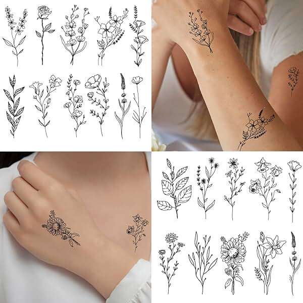 Cerlaza 75 Styles Tiny Black Flower Branch Temporary Tattoos For Women, 16 Sheets Realistic Wild Flower Floral Small Fake Tattoo Adults, Christmas Tattoo Stickers for Hands Legs Body Sticker - Image 4