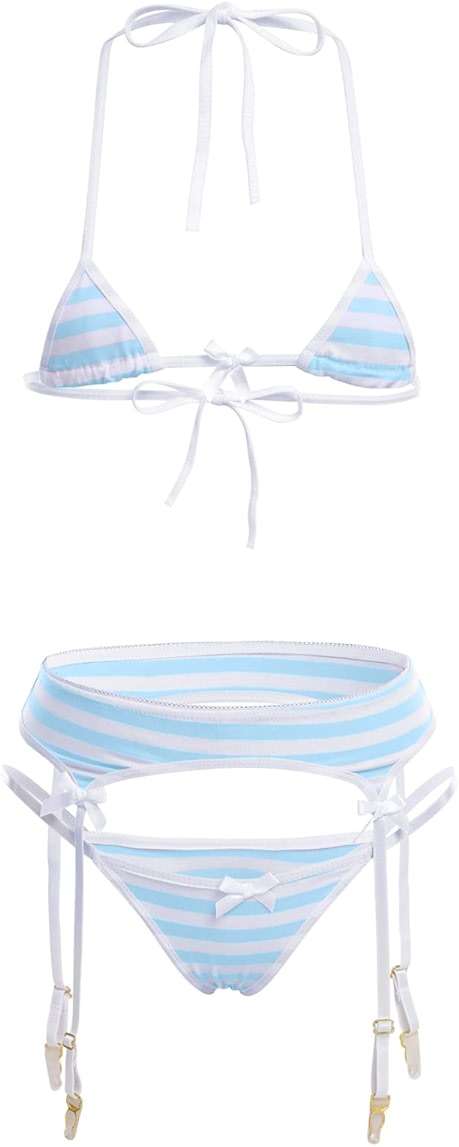 ABAFIP Women Cute Kawaii Anime Lingerie set Halter Strap Micro Bra Tiny Panty Garter Belt Striped Stockings 4Pcs Underwear - Image 7