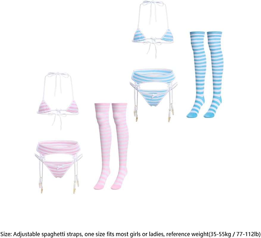 ABAFIP Women Cute Kawaii Anime Lingerie set Halter Strap Micro Bra Tiny Panty Garter Belt Striped Stockings 4Pcs Underwear - Image 8