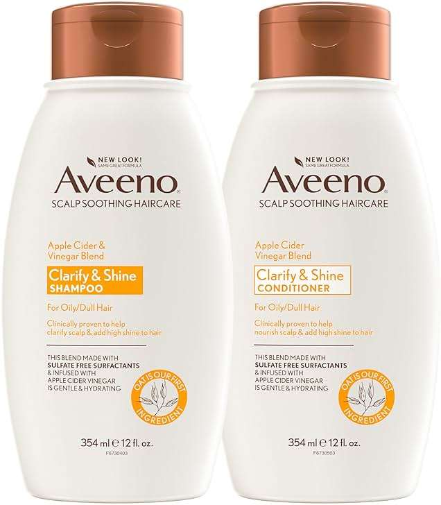 Aveeno Apple Cider Vinegar Shampoo + Conditioner Set, Hair Care Bundle for Balance & High Shine, Daily Clarifying & Soothing Scalp Shampoo & Conditioner for Oily & Dull Hair, Two Pack, 2 x 12 fl. oz - Image 1