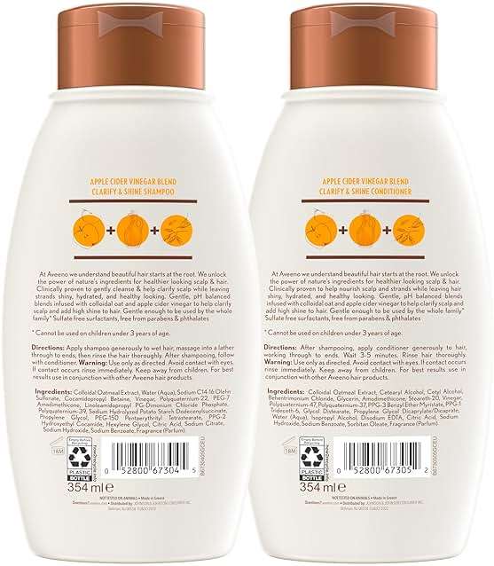 Aveeno Apple Cider Vinegar Shampoo + Conditioner Set, Hair Care Bundle for Balance & High Shine, Daily Clarifying & Soothing Scalp Shampoo & Conditioner for Oily & Dull Hair, Two Pack, 2 x 12 fl. oz - Image 3