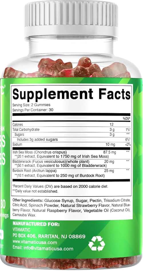 Vitamatic Irish Sea Moss Gummies with Bladderwrack & Burdock Root – Botanical Extract Supplement – Vegan, Non-GMO – 60 Count - Image 8