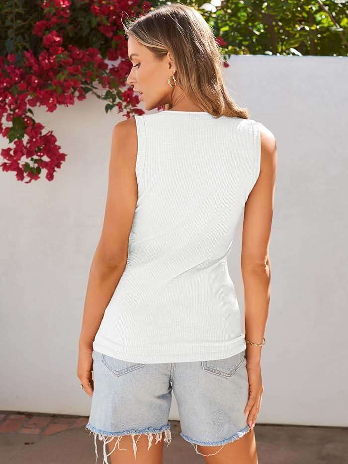 Kissfix Ribbed Thick Wide Strap Tank Top for Women Cute Summer Fitted Henley Tops Teen Junior Beach Vacation Sleeveless Shirt - Image 4