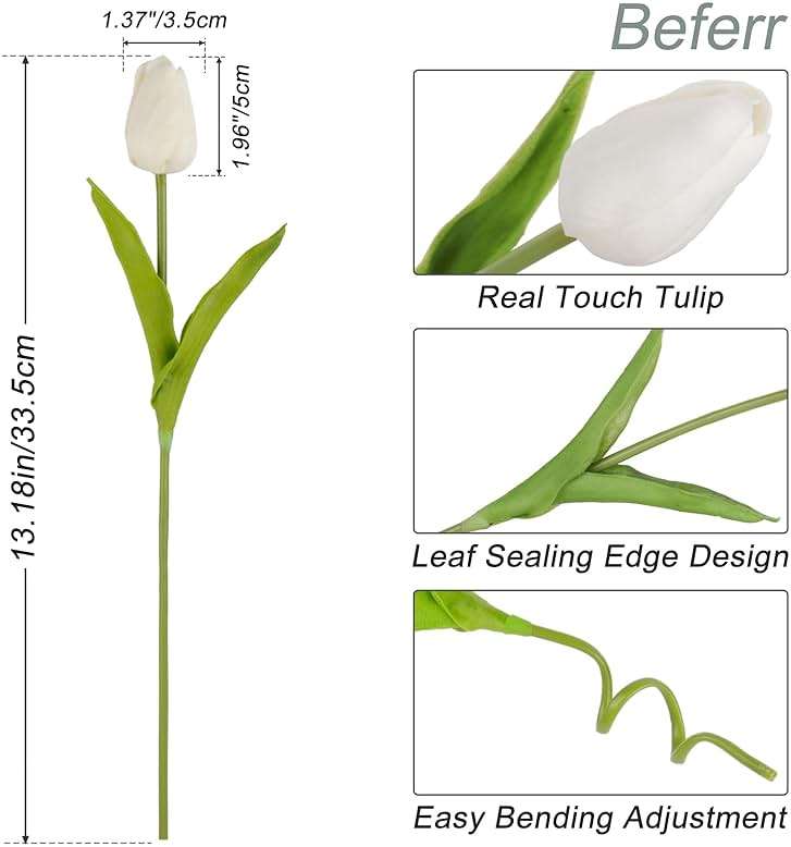 Beferr White Tulips Artificial Flowers 18Pcs Faux Silk Tulip Real Touch Tulip Fake Flowers Bouquets Arrangements for Mother's Day Easter Spring Flowers Gifts Home Table Decor - Image 2