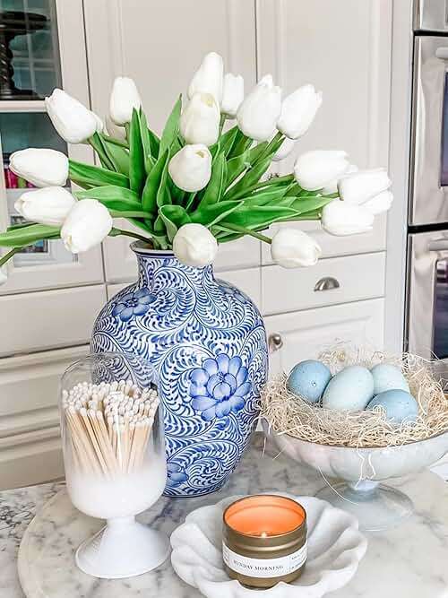 Beferr White Tulips Artificial Flowers 18Pcs Faux Silk Tulip Real Touch Tulip Fake Flowers Bouquets Arrangements for Mother's Day Easter Spring Flowers Gifts Home Table Decor - Image 8