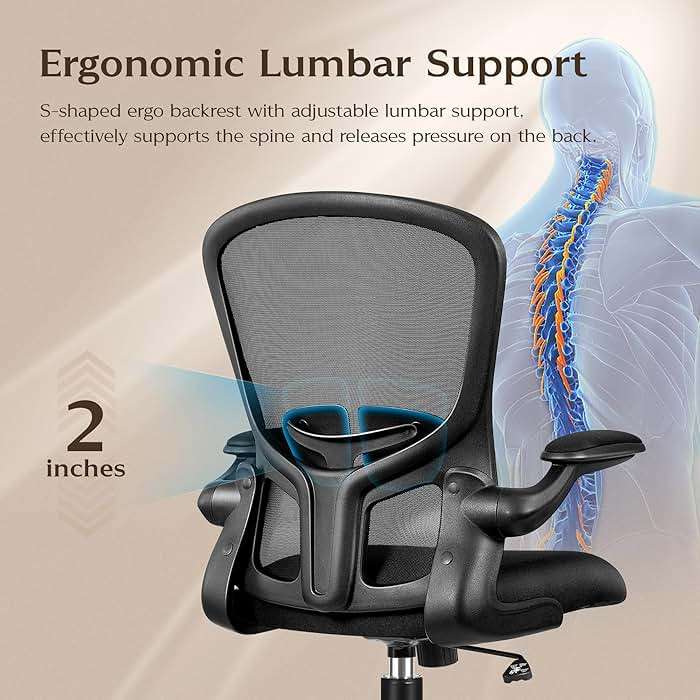 FelixKing Office Desk Chairs, Ergonomic PC Desk Chair with Wheels, Adjustable Lumbar Support and Height, Swivel Computer Chair with Flip-up Armrests, Ergo Mesh Backrest for Working (Black) - Image 4