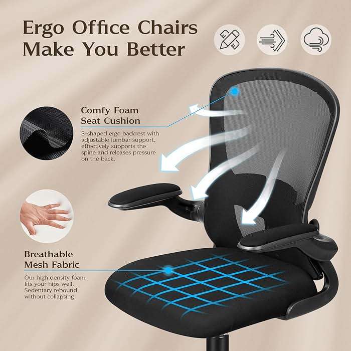 FelixKing Office Desk Chairs, Ergonomic PC Desk Chair with Wheels, Adjustable Lumbar Support and Height, Swivel Computer Chair with Flip-up Armrests, Ergo Mesh Backrest for Working (Black) - Image 5