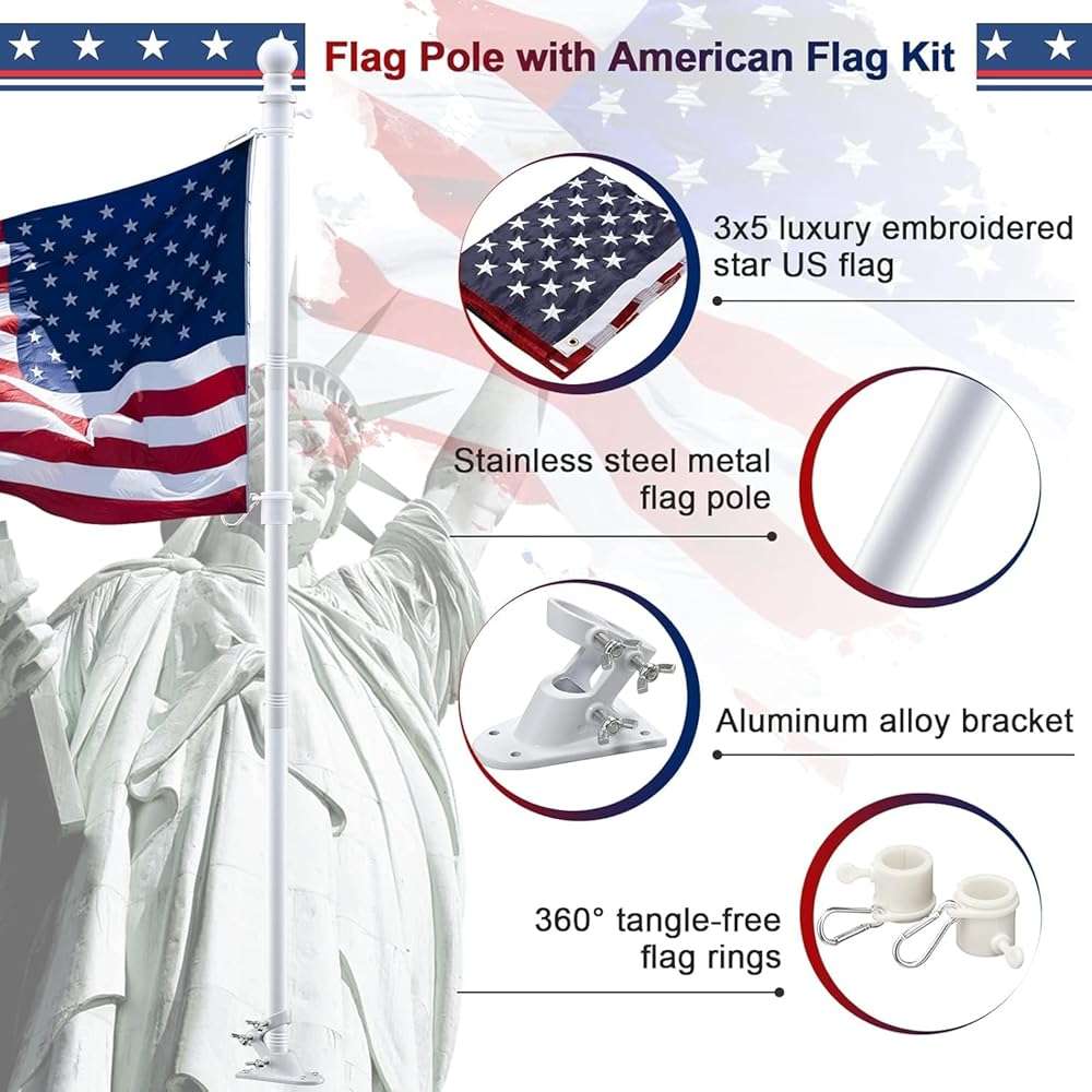 Flag Pole Kit with 3x5 American Flag - Includes 5ft Heavy Duty Tangle Free Flagpole,Embroidered 3X5 US Flag,Aluminum Mount Holder Bracket,Metal Flagpoles for Outside House,Porch,Outdoor - White - Image 3