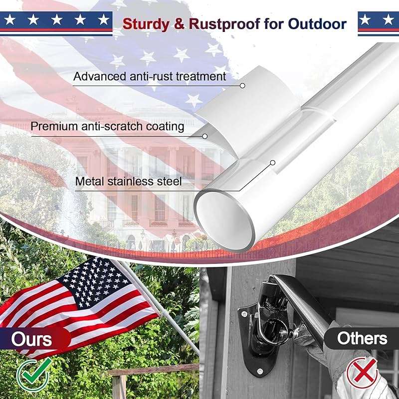 Flag Pole Kit with 3x5 American Flag - Includes 5ft Heavy Duty Tangle Free Flagpole,Embroidered 3X5 US Flag,Aluminum Mount Holder Bracket,Metal Flagpoles for Outside House,Porch,Outdoor - White - Image 5