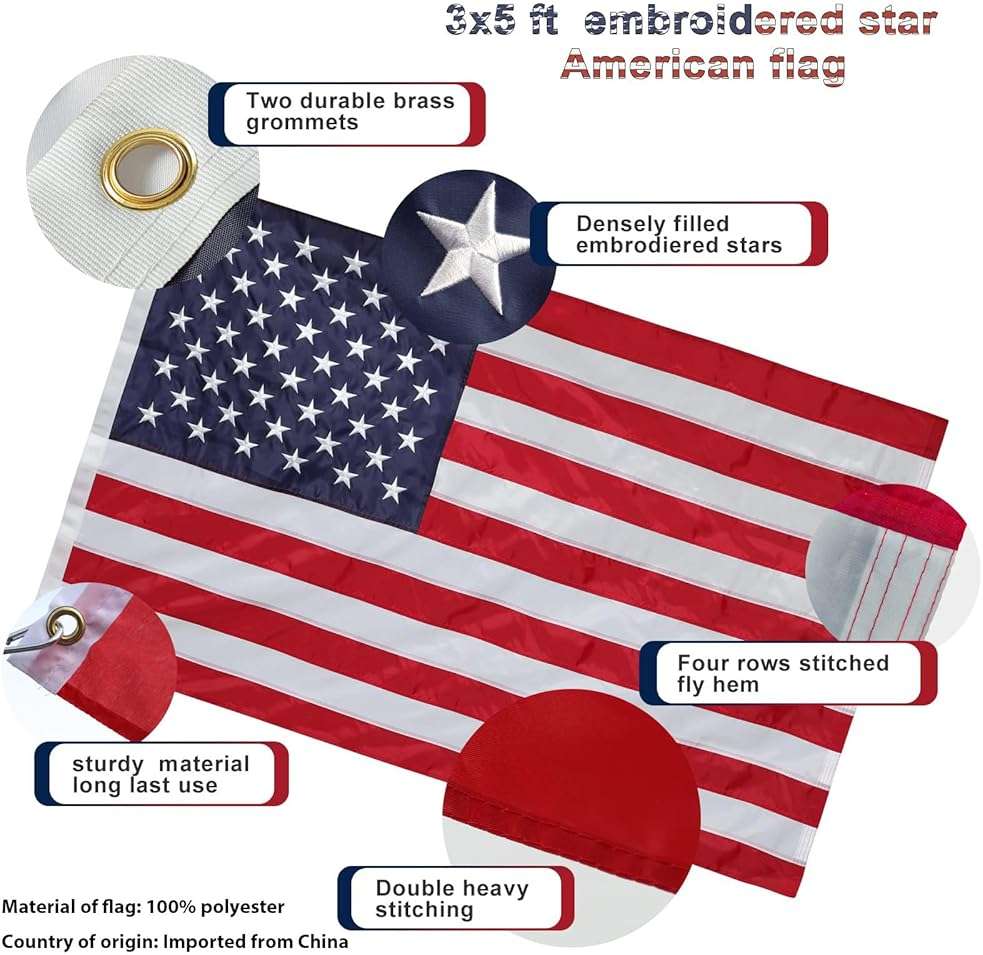 Flag Pole Kit with 3x5 American Flag - Includes 5ft Heavy Duty Tangle Free Flagpole,Embroidered 3X5 US Flag,Aluminum Mount Holder Bracket,Metal Flagpoles for Outside House,Porch,Outdoor - White - Image 6