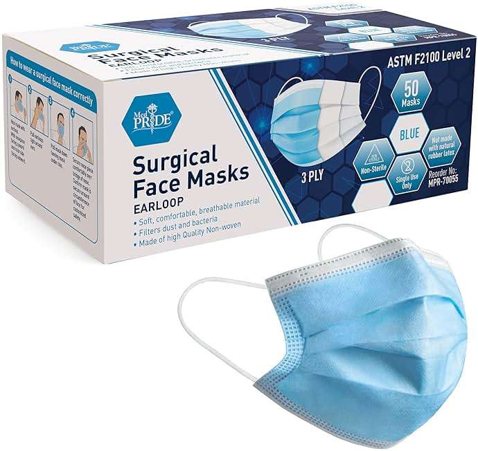 MED PRIDE Blue Medical Masks, Pack of 50 Face Masks, Disposable 3-Ply Earloop Masks, Breathable Non-Woven, Comfortable and Protective for Adults - Image 1
