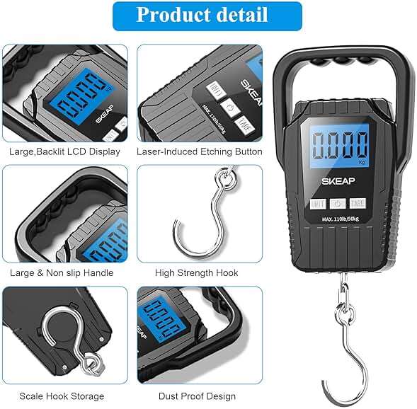 Digital Fish Scale Hanging Scale Fishing Scale, SKEAP 110lb/50kg Luggage Scale,Fish Weighing Scale, Upgrade Large Handle & Backlit LCD Display, Black,Fishing Gifts for Men,Black - Image 5