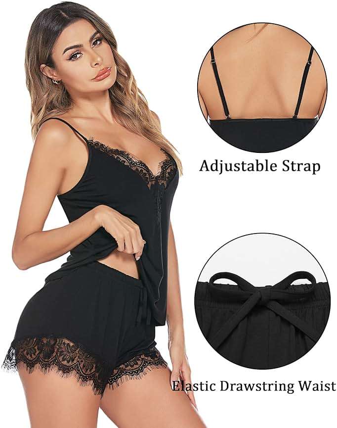 Avidlove Women Pajama Set Lace Trim Short PJ Set Modal V Neck Sleeveless Sleepwear Drawstring Waist Nightwear S-XXL - Image 2