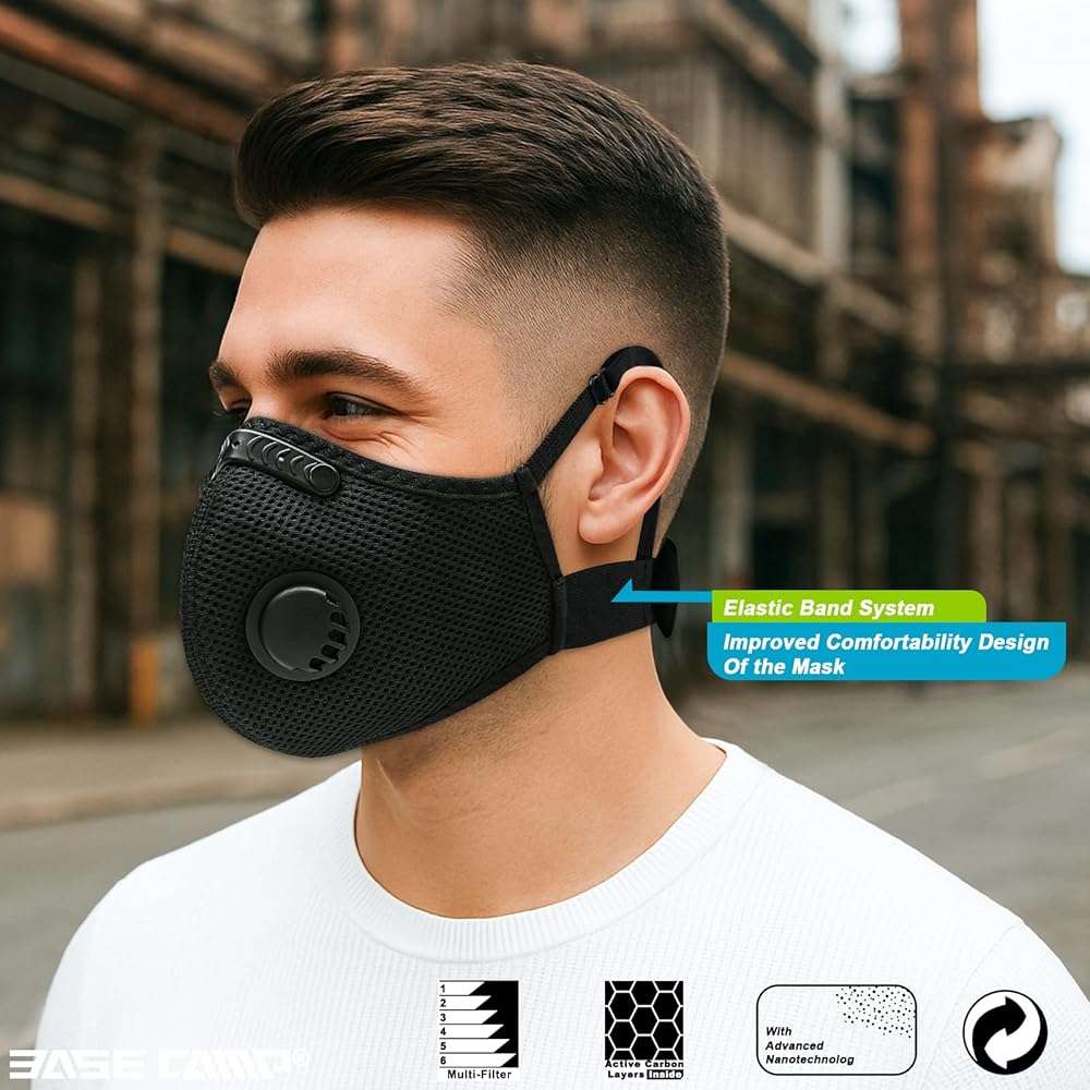 BASE CAMP M Plus Dust Mask, Breathable Reusable Face Mask with 6 Activated Carbon Filters for Woodworking Construction Mowing Grinding (Modern1) - Image 2