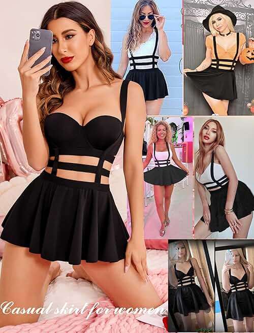 Avidlove Pleated Suspender Skirt Women - Elastic High Waist A-Line Mini Braces Skirt for School Casual Party - Image 4