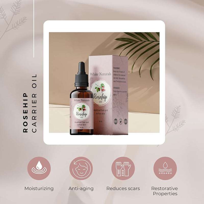 White Naturals Organic Rosehip Seed Oil Cold Pressed, Unrefined 100% Pure Rose Hip Carrier Oil, Natural Moisturizer For Body Face Hair Skin Massage & Nails, Facial Serum Anti-Aging Treatment 4 oz - Image 2