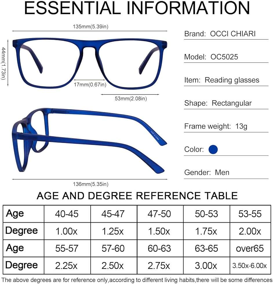 OCCI CHIARI Large Reading Glasses Men Oversized Square Readers Spring Hinge 1.0 1.25 1.5 1.75 2.0 2.5 3.0 3.5 4.0 5.0 6.0 - Image 5