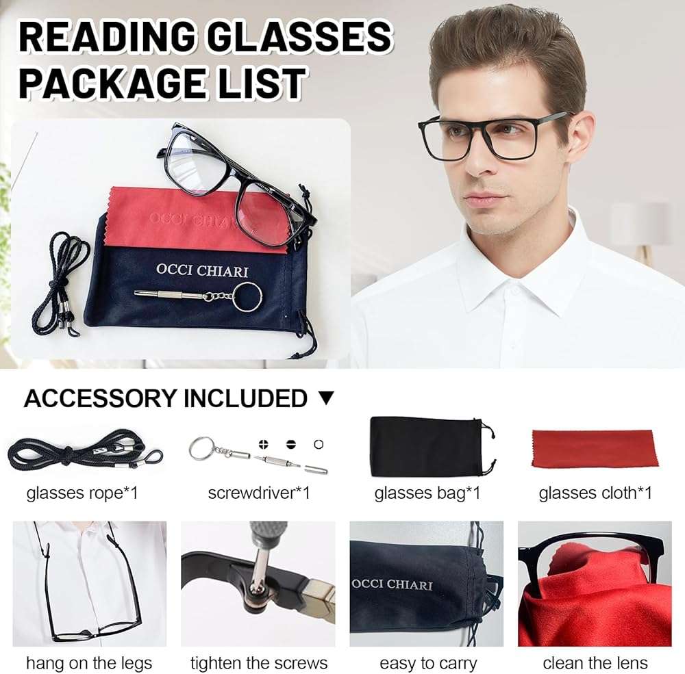 OCCI CHIARI Large Reading Glasses Men Oversized Square Readers Spring Hinge 1.0 1.25 1.5 1.75 2.0 2.5 3.0 3.5 4.0 5.0 6.0 - Image 6