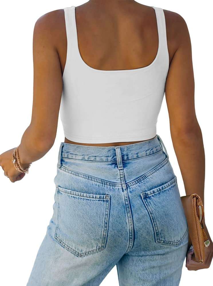 REORIA Women’s Sexy Square Neck Double Lined Seamless Sleeveless Cropped Tank Yoga Crop Basic Tops - Image 2
