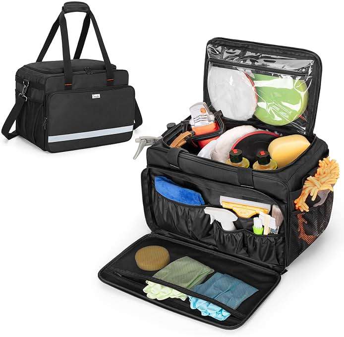 samdew Large Detailing Bag, Detail Organizer for Auto Detailing Supplies Storage, Car Cleaning Caddy for Vehicle Wash Tools, Car Care Box for Detailing Bottles, Towel, Buffer and More, Bag Only - Image 1