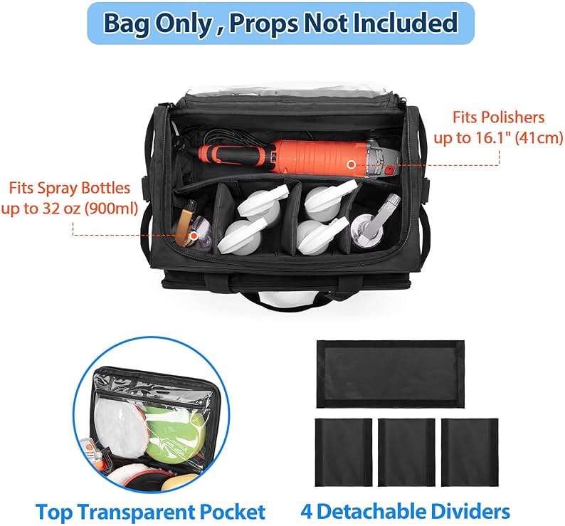 samdew Large Detailing Bag, Detail Organizer for Auto Detailing Supplies Storage, Car Cleaning Caddy for Vehicle Wash Tools, Car Care Box for Detailing Bottles, Towel, Buffer and More, Bag Only - Image 4