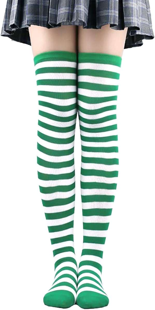CABAX Over Knee Striped Socks Novelty Costume Opaque Long Thigh High Socks for Women Girls for Holidays Saint Patrick Day, Green - Image 1