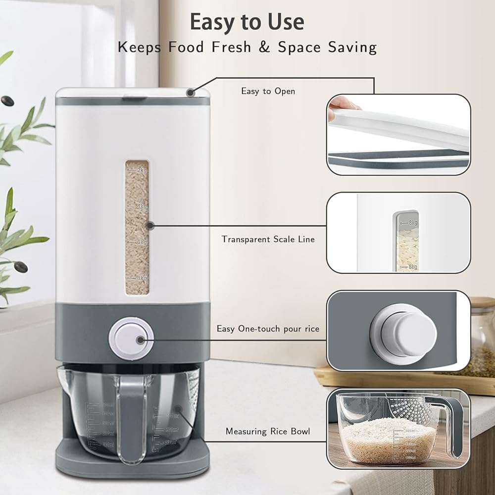 Lenwi 22-25 Lbs Rice Dispenser, Large Cereal Dry Food Storage Containers with Measuring Cup,BPA-Free Household for Kitchen Pantry Organization-Grey - Image 3