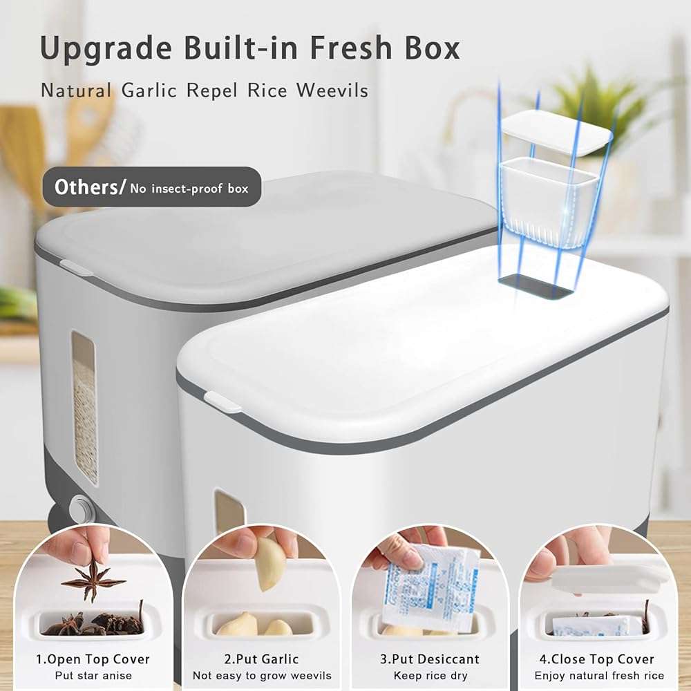 Lenwi 22-25 Lbs Rice Dispenser, Large Cereal Dry Food Storage Containers with Measuring Cup,BPA-Free Household for Kitchen Pantry Organization-Grey - Image 5