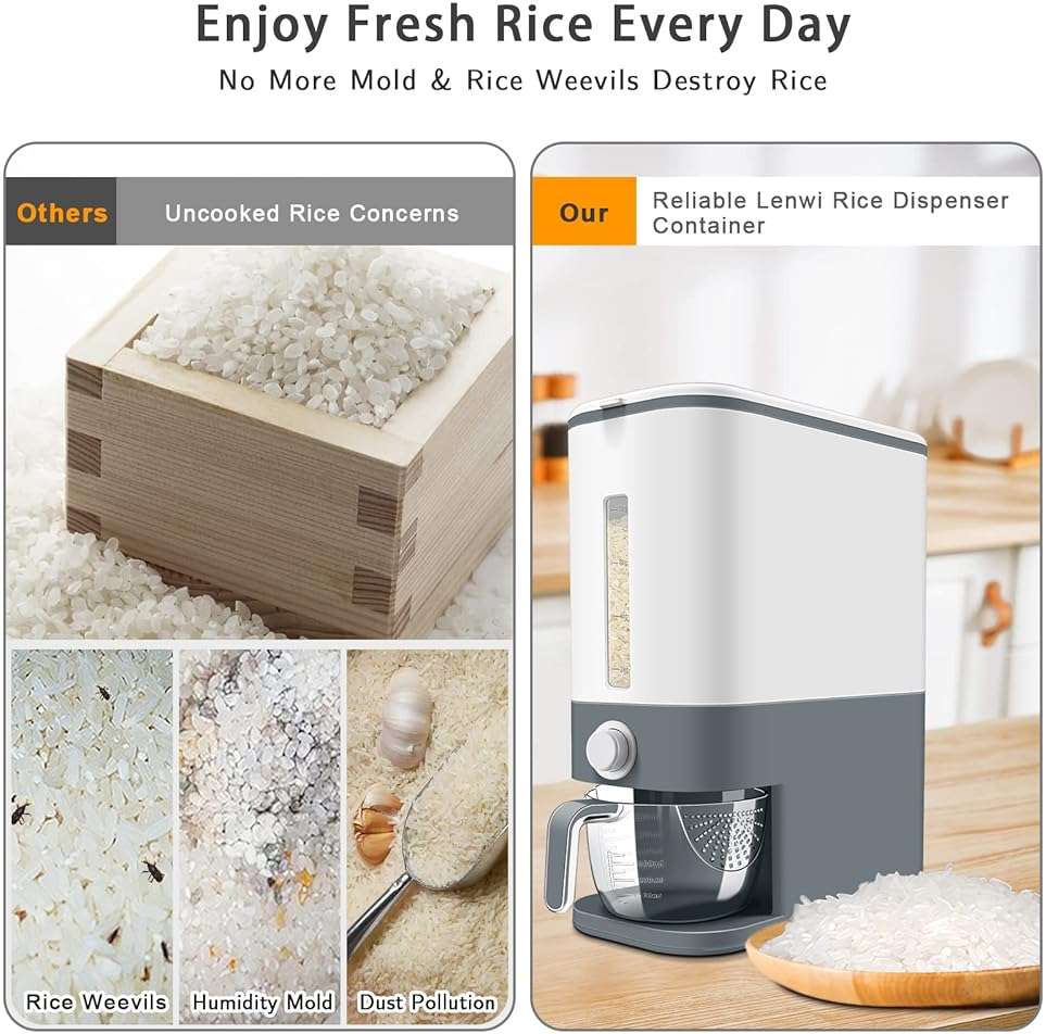 Lenwi 22-25 Lbs Rice Dispenser, Large Cereal Dry Food Storage Containers with Measuring Cup,BPA-Free Household for Kitchen Pantry Organization-Grey - Image 6