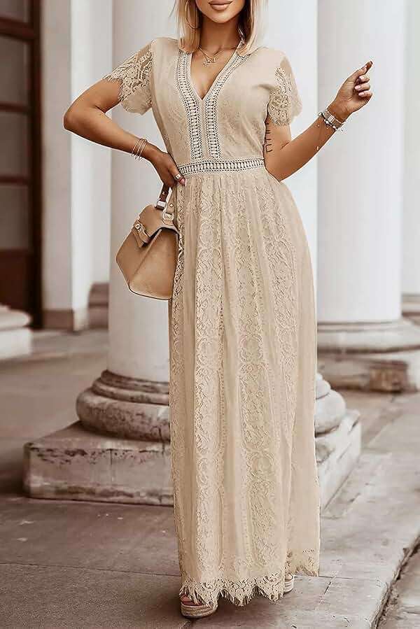 MEROKEETY Women's 2026 V Neck Short Sleeve Floral Lace Wedding Dress A Line Boho Bridesmaid Cocktail Party Maxi Dress - Image 2
