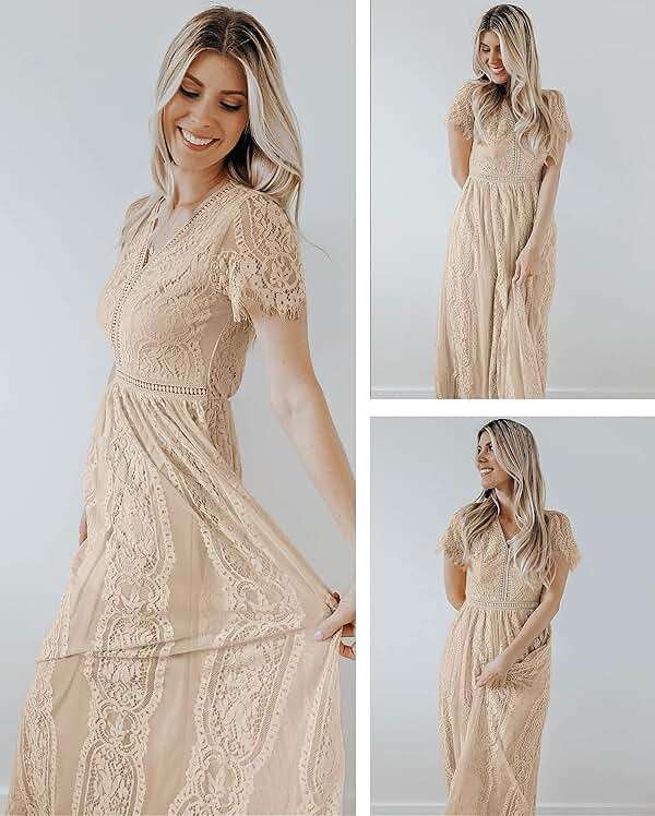 MEROKEETY Women's 2026 V Neck Short Sleeve Floral Lace Wedding Dress A Line Boho Bridesmaid Cocktail Party Maxi Dress - Image 4