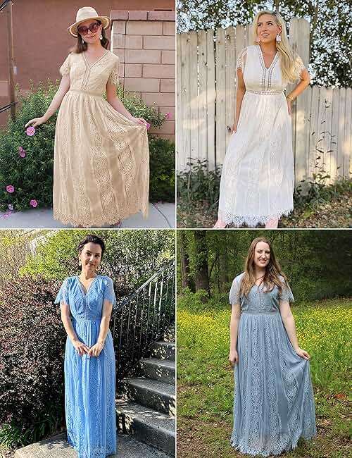 MEROKEETY Women's 2026 V Neck Short Sleeve Floral Lace Wedding Dress A Line Boho Bridesmaid Cocktail Party Maxi Dress - Image 6