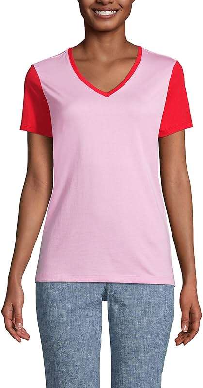 Lands' End Womens SS Relaxed Supima V Neck T Shirt Wild Blossom Colorblock Regular Medium - Image 1