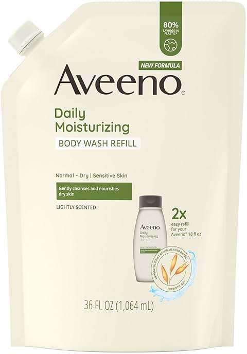 Aveeno Daily Moisturizing Body Wash for Sensitive Skin + Prebiotic Oat, Gently Cleanses, Nourishes & Feels Moisturizing Dry Skin, Light Fragrance, Refill Pouch, 36 fl. oz - Image 1