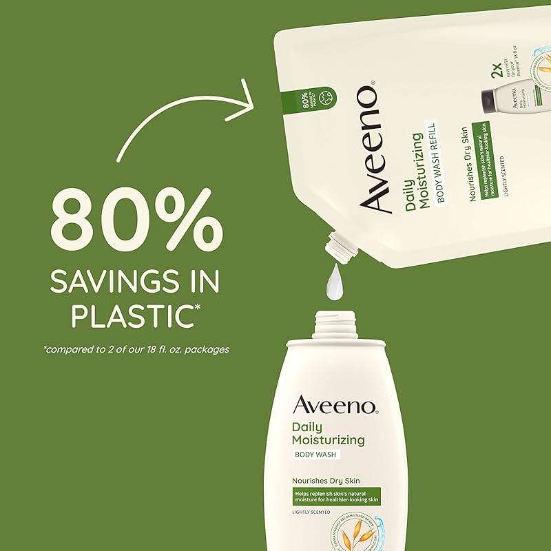 Aveeno Daily Moisturizing Body Wash for Sensitive Skin + Prebiotic Oat, Gently Cleanses, Nourishes & Feels Moisturizing Dry Skin, Light Fragrance, Refill Pouch, 36 fl. oz - Image 6