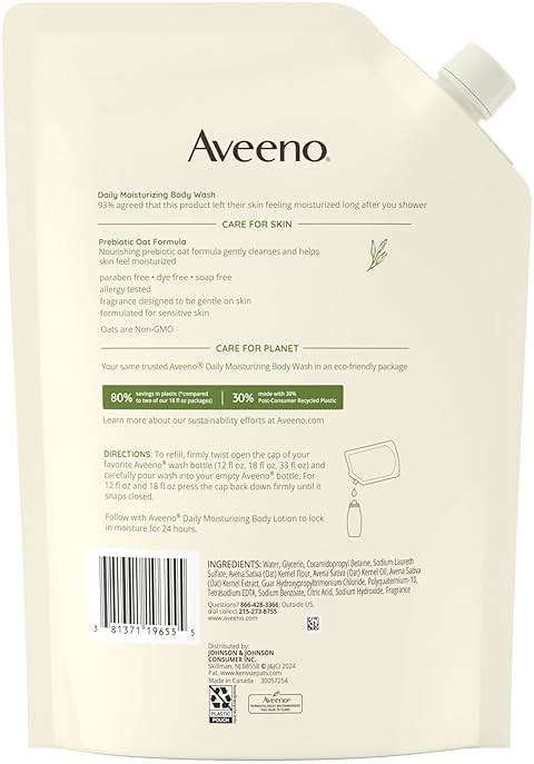 Aveeno Daily Moisturizing Body Wash for Sensitive Skin + Prebiotic Oat, Gently Cleanses, Nourishes & Feels Moisturizing Dry Skin, Light Fragrance, Refill Pouch, 36 fl. oz - Image 9