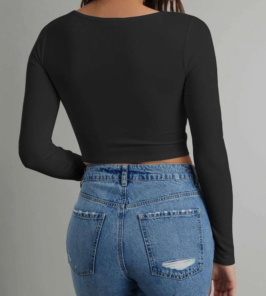 Artfish Women's Long Sleeve Scoop Neck V Notch Ribbed Slim Fitted Casual Basic Crop Top - Image 2