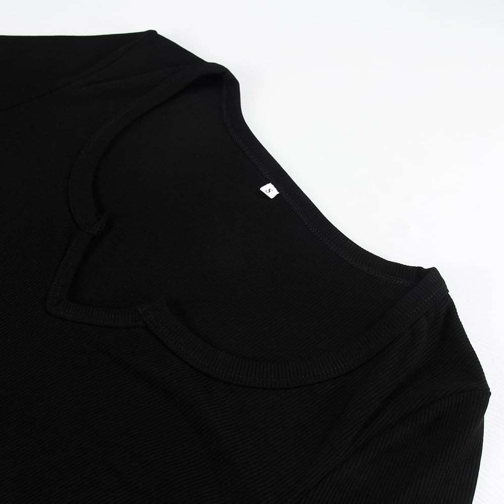 Artfish Women's Long Sleeve Scoop Neck V Notch Ribbed Slim Fitted Casual Basic Crop Top - Image 3