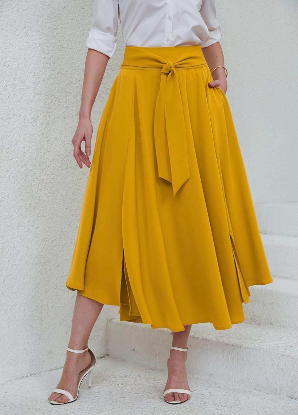 chouyatou Women's Elegant High Waisted Side Slit Irregular Bohemian Maxi Skirt with Pockets - Image 4