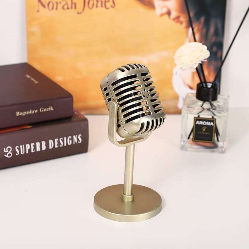 Facmogu Retro Microphone Props Model, Vintage Prop Mic, Fake Plastic Microphone Stage Table Ornament for Halloween Wedding Birthday Party Decoration - Gold - Image 5