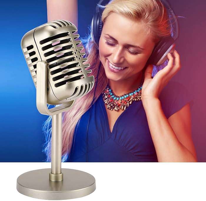 Facmogu Retro Microphone Props Model, Vintage Prop Mic, Fake Plastic Microphone Stage Table Ornament for Halloween Wedding Birthday Party Decoration - Gold - Image 6